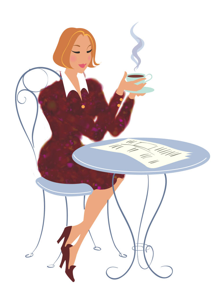 Woman sitting at a table and drinking a cup of coffee